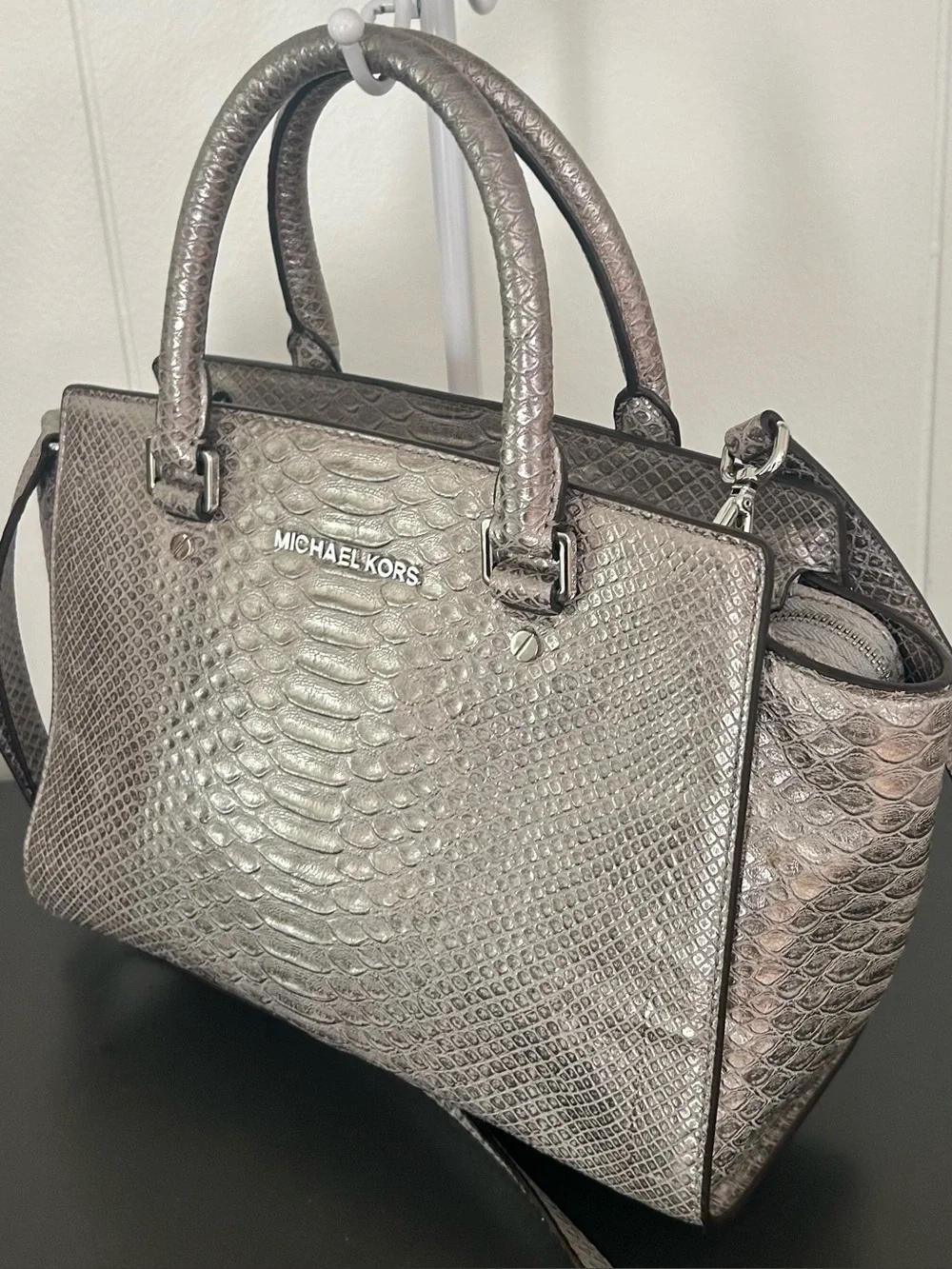 Michael Kors Metallic Silver Snake Print Satchel Crossbody Shoulder Bag